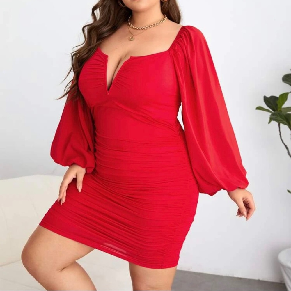 Red ruched sleeve bodycon dress